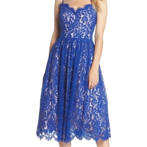 Eliza J Lace Cobalt Blue Illusion Dress Women's Sz 10 Pockets Adjustable NWOT - Picture 4 of 16